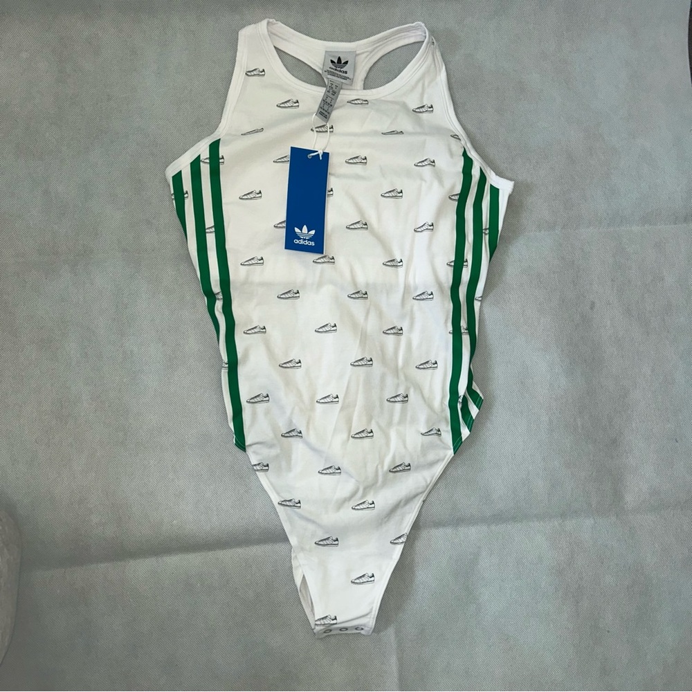 Adidas white and green sneaker print racer back bodysuit NWT